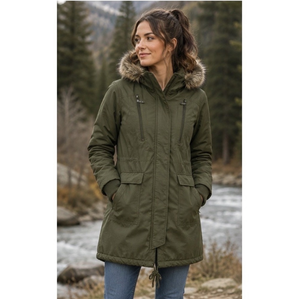 1 Madison Expedition Women's Faux Fox Fur Trim Hooded Parka Coat XL Olive